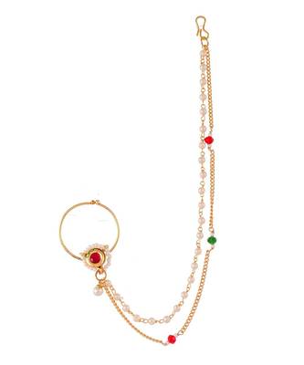 Gold Plated White & Red Stone Studded & Pearls Beaded Nose Ring 3