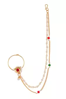 Gold Plated White & Red Stone Studded & Pearls Beaded Nose Ring