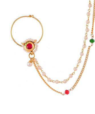 Gold Plated White & Red Stone Studded & Pearls Beaded Nose Ring 4