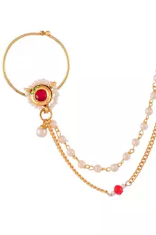 Gold Plated White & Red Stone Studded & Pearls Beaded Nose Ring