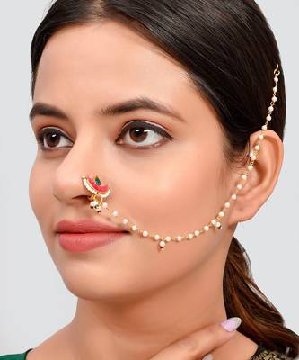 Gold Plated Red & White Pearl Studded Clip-On Nose Pin 1