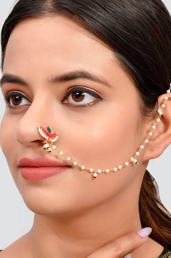 Gold Plated Red & White Pearl Studded Clip-On Nose Pin