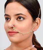 Gold Plated Red & White Pearl Studded Clip-On Nose Pin