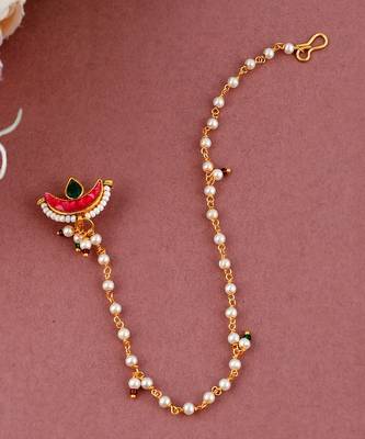 Gold Plated Red & White Pearl Studded Clip-On Nose Pin 2