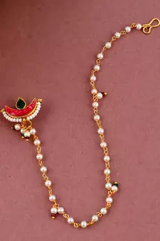 Gold Plated Red & White Pearl Studded Clip-On Nose Pin