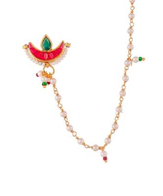 Gold Plated Red & White Pearl Studded Clip-On Nose Pin 4