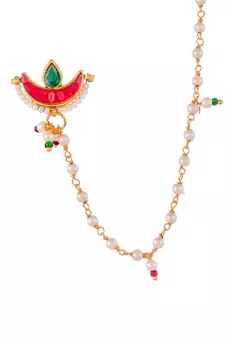 Gold Plated Red & White Pearl Studded Clip-On Nose Pin