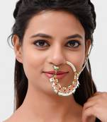 Gold Plated Red & White Stone Studded & Beaded Nose Ring