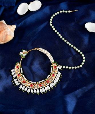 Gold Plated Red & White Stone Studded & Beaded Nose Ring 2