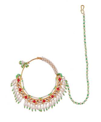 Gold Plated Red & White Stone Studded & Beaded Nose Ring 3