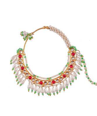 Gold Plated Red & White Stone Studded & Beaded Nose Ring 4