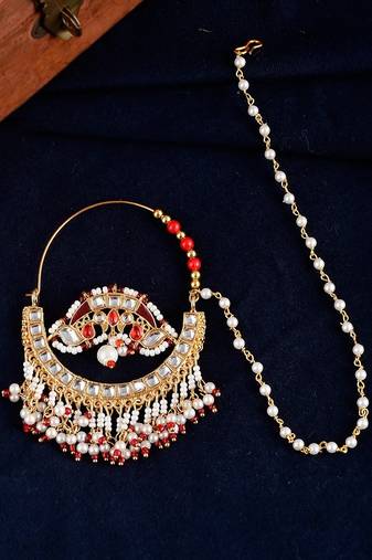 Gold Plated Kundan Meenakari Nosering with Chain