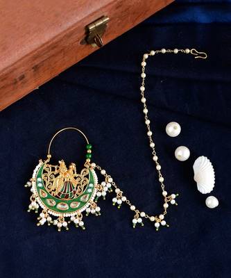 Gold Plated Radha-Krishna Chained Nose Ring 1