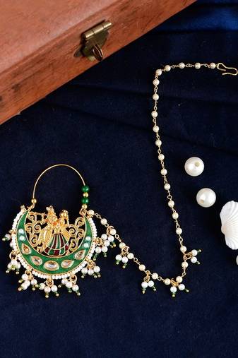 Gold Plated Radha-Krishna Chained Nose Ring