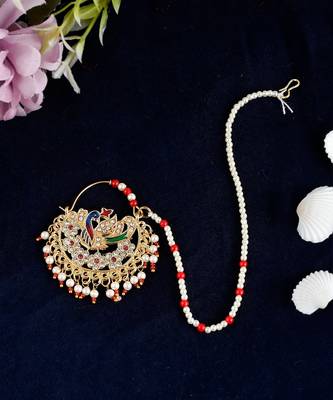 Gold Plated White & Red Pearl Beaded Meenakari Chained Nose Ring 1