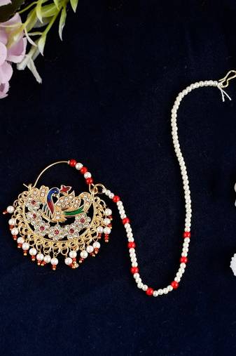 Gold Plated White & Red Pearl Beaded Meenakari Chained Nose Ring
