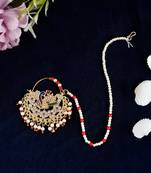 Gold Plated White & Red Pearl Beaded Meenakari Chained Nose Ring
