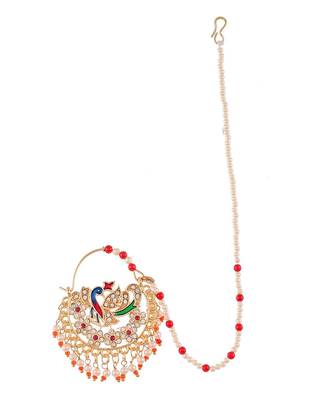 Gold Plated White & Red Pearl Beaded Meenakari Chained Nose Ring 2