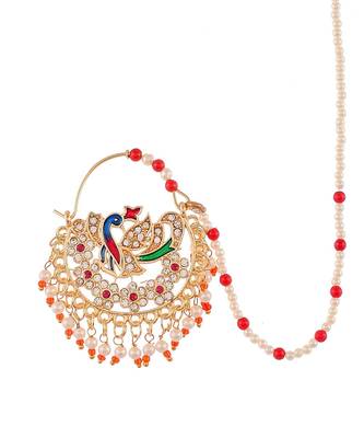 Gold Plated White & Red Pearl Beaded Meenakari Chained Nose Ring 3