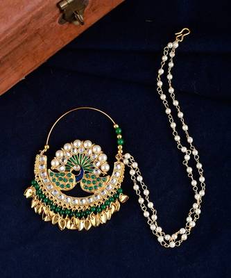 Gold Plated Green & White Stone Studded & Beaded Meenakari Nosering 1