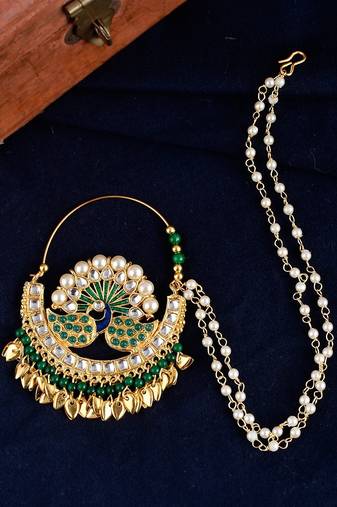 Gold Plated Green & White Stone Studded & Beaded Meenakari Nosering