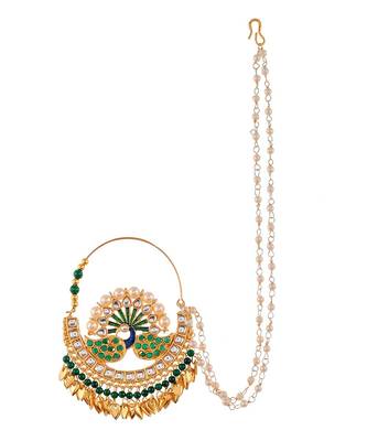 Gold Plated Green & White Stone Studded & Beaded Meenakari Nosering 2