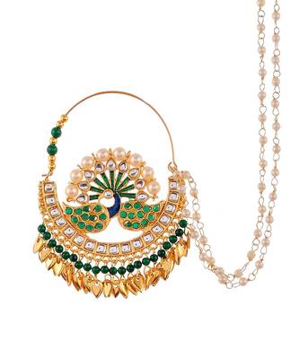 Gold Plated Green & White Stone Studded & Beaded Meenakari Nosering 3