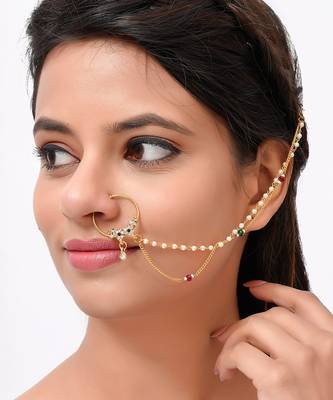 Gold Plated White Stone Studded & Pearl Beaded Chained Nose Ring 1