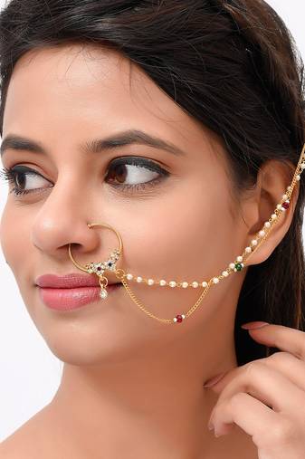 Gold Plated White Stone Studded & Pearl Beaded Chained Nose Ring