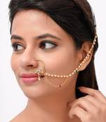 Gold Plated White Stone Studded & Pearl Beaded Chained Nose Ring
