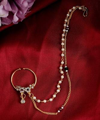 Gold Plated White Stone Studded & Pearl Beaded Chained Nose Ring 2