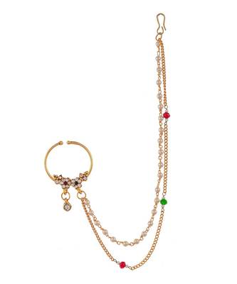 Gold Plated White Stone Studded & Pearl Beaded Chained Nose Ring 3