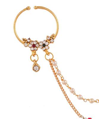Gold Plated White Stone Studded & Pearl Beaded Chained Nose Ring 4