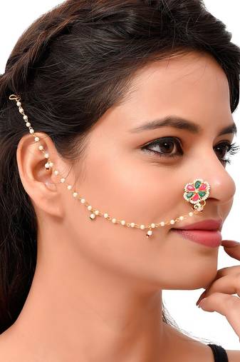 Gold Plated Pink & Green Stone Floral Clip-On Nose Pin