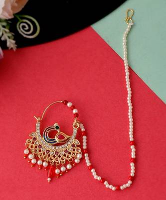 Gold Plated Meenakari Pearl Beaded Chained Nose Ring 1