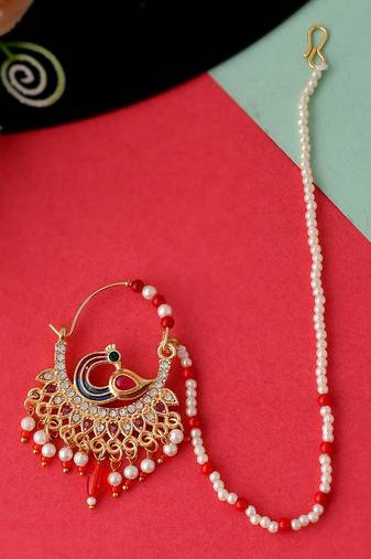 Gold Plated Meenakari Pearl Beaded Chained Nose Ring