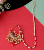 Gold Plated Meenakari Pearl Beaded Chained Nose Ring