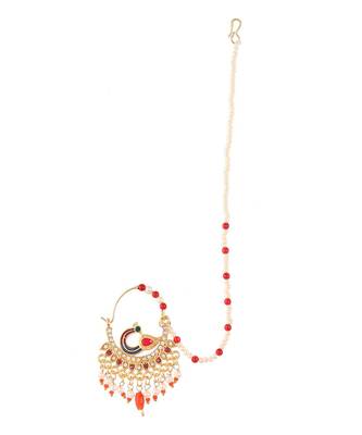Gold Plated Meenakari Pearl Beaded Chained Nose Ring 2