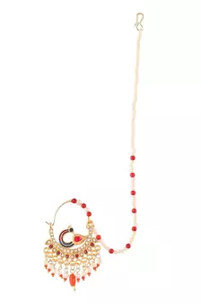 Gold Plated Meenakari Pearl Beaded Chained Nose Ring