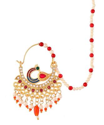 Gold Plated Meenakari Pearl Beaded Chained Nose Ring 3