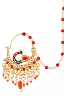 Gold Plated Meenakari Pearl Beaded Chained Nose Ring