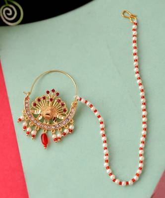 Gold Plated Meenakari Pearl Beaded Chained Nose Ring 1