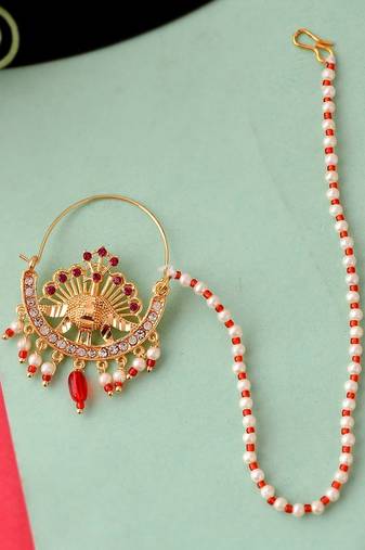 Gold Plated Meenakari Pearl Beaded Chained Nose Ring