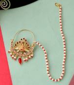 Gold Plated Meenakari Pearl Beaded Chained Nose Ring