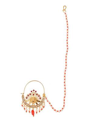 Gold Plated Meenakari Pearl Beaded Chained Nose Ring 2