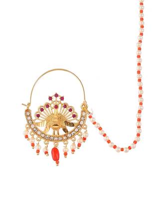 Gold Plated Meenakari Pearl Beaded Chained Nose Ring 3