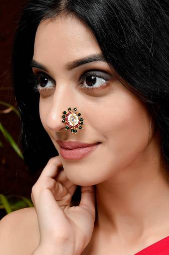 Gold Plated Green & White Kundan Studded Meenakari Nose Ring