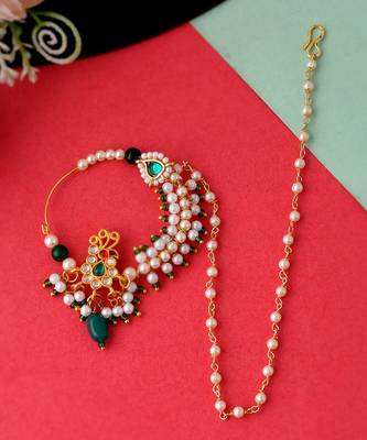 Gold Plated Green & White Pearls Chained Meenakari Nose Ring 1