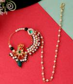 Gold Plated Green & White Pearls Chained Meenakari Nose Ring