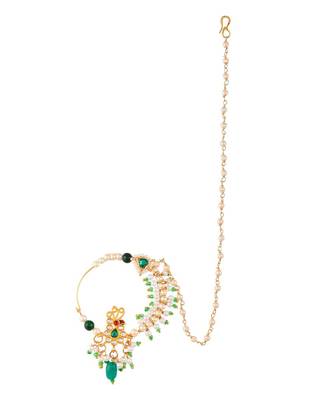 Gold Plated Green & White Pearls Chained Meenakari Nose Ring 2